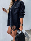 Chicdear-Winter outfits ideas Ripped mid-length denim jacket washed retro jacket long sleevesblouse