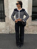 Chicdear-Winter outfits ideas Round neck striped buttoned curved sweater cardigan jacket