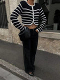 Chicdear-Winter outfits ideas Round neck striped buttoned curved sweater cardigan jacket