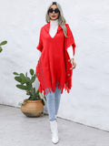 Chicdear-Winter outfits ideas Women's casual loose V-tie hooded pullover mid-length sweater vest cloak top jacket