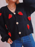 Chicdear-Winter outfits ideas Casual loose strawberry embroidered burlap single-breasted knitted sweater jacket cardigan