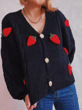 Chicdear-Winter outfits ideas Casual loose strawberry embroidered burlap single-breasted knitted sweater jacket cardigan