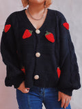 Chicdear-Winter outfits ideas Casual loose strawberry embroidered burlap single-breasted knitted sweater jacket cardigan