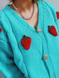 Chicdear-Winter outfits ideas Casual loose strawberry embroidered burlap single-breasted knitted sweater jacket cardigan