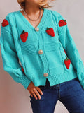 Chicdear-Winter outfits ideas Casual loose strawberry embroidered burlap single-breasted knitted sweater jacket cardigan