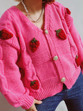 Chicdear-Winter outfits ideas Casual loose strawberry embroidered burlap single-breasted knitted sweater jacket cardigan