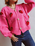 Chicdear-Winter outfits ideas Casual loose strawberry embroidered burlap single-breasted knitted sweater jacket cardigan