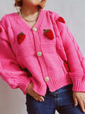 Chicdear-Winter outfits ideas Casual loose strawberry embroidered burlap single-breasted knitted sweater jacket cardigan