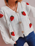 Chicdear-Winter outfits ideas Casual loose strawberry embroidered burlap single-breasted knitted sweater jacket cardigan