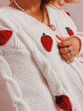 Chicdear-Winter outfits ideas Casual loose strawberry embroidered burlap single-breasted knitted sweater jacket cardigan