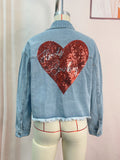 Chicdear-Winter outfits ideas Women's love sequin denim jacket raw edge short top