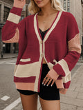 Chicdear-Winter outfits ideas Knitted Jacket V-Neck Large Size Pocket Colorblock Cardigan Sweater