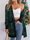 Chicdear-Winter outfits ideas Casual Contrast Plaid Pocket Long Sleeve Cardigan Sweater Jacket Christmas