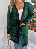 Chicdear-Winter outfits ideas Casual Contrast Plaid Pocket Long Sleeve Cardigan Sweater Jacket Christmas