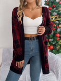 Chicdear-Winter outfits ideas Casual Contrast Plaid Pocket Long Sleeve Cardigan Sweater Jacket Christmas