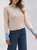 Chicdear-Winter outfits ideas Women's contrast color round neck cardigan sweater single row button jacket