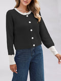 Chicdear-Winter outfits ideas Women's contrast color round neck cardigan sweater single row button jacket