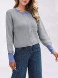 Chicdear-Winter outfits ideas Women's contrast color round neck cardigan sweater single row button jacket