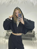 Chicdear-Winter outfits ideas Casual Women's Solid Color Hoodie Long Sleeve Cropped Jacket Zipper Cardigan Sweatshirt