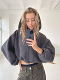 Chicdear-Winter outfits ideas Casual Women's Solid Color Hoodie Long Sleeve Cropped Jacket Zipper Cardigan Sweatshirt