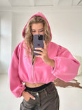 Chicdear-Winter outfits ideas Casual Women's Solid Color Hoodie Long Sleeve Cropped Jacket Zipper Cardigan Sweatshirt