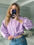 Chicdear-Winter outfits ideas Casual Women's Solid Color Hoodie Long Sleeve Cropped Jacket Zipper Cardigan Sweatshirt