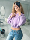 Chicdear-Winter outfits ideas Casual Women's Solid Color Hoodie Long Sleeve Cropped Jacket Zipper Cardigan Sweatshirt