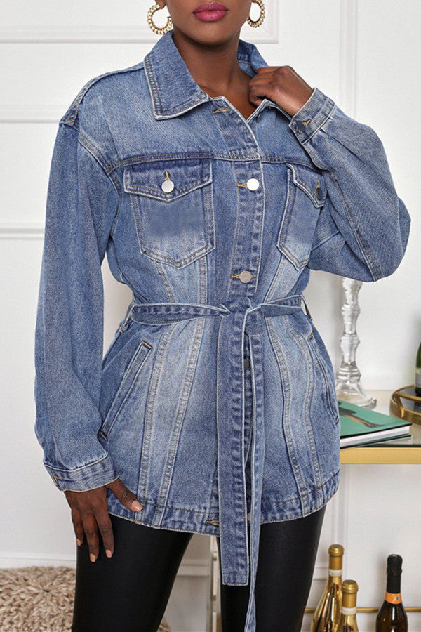 Chicdear Blue Fashion Casual Solid Patchwork Turndown Collar Long Sleeve Regular Denim Jacket