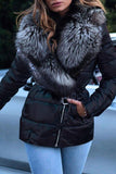 Chicdear Black Casual Solid Bandage Patchwork Feathers Outerwear
