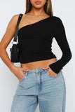 Chicdear Black Casual Solid Backless Asymmetrical Oblique Collar Tops