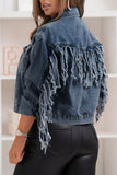 Chicdear Deep Blue Casual Street Solid Tassel Patchwork Buckle Long Sleeve Denim Jacket
