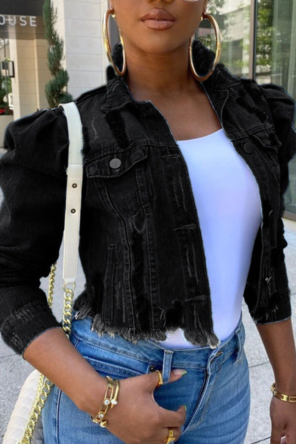 Chicdear Black Fashion Casual Street Solid Ripped Make Old Patchwork Buckle Turndown Collar Long Sleeve Regular Denim Jacket