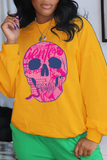 Chicdear Yellow Street Print Skull Patchwork O Neck Tops