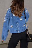Chicdear Light Blue Casual Solid Beading Turndown Collar Long Sleeve Denim Jacket