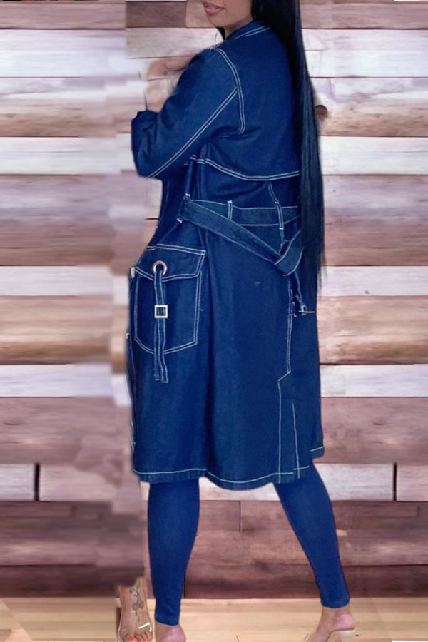 Chicdear Deep Blue Elegant Solid Patchwork Pocket Frenulum Buckle Cardigan Collar Long Sleeve Mid Waist Straight Denim Jacket