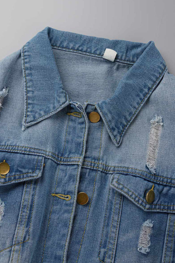 Chicdear Blue Casual Solid Ripped Patchwork Turndown Collar Long Sleeve Regular Denim Jacket