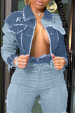 Chicdear Blue Casual Solid Patchwork Turndown Collar Long Sleeve Regular Denim Jacket