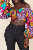 Chicdear Red Sweet Print Patchwork Zipper Off the Shoulder Tops