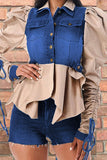 Chicdear Apricot Casual Solid Patchwork Buckle Asymmetrical Turndown Collar Long Sleeve Straight Denim Jacket