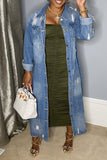 Chicdear Blue Street Solid Ripped Make Old Patchwork Buckle Turndown Collar Long Sleeve Straight Denim Jacket