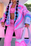 Chicdear Pink Purple Casual Patchwork Buckle Zipper Cardigan Collar Outerwear