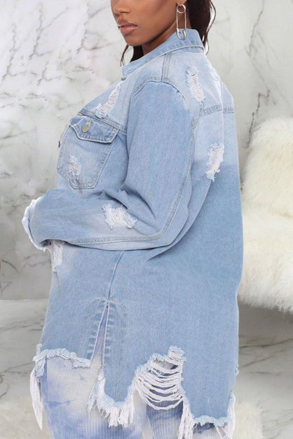 Chicdear Light Blue Sexy Solid Ripped Make Old Turndown Collar Outerwear