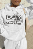 Chicdear White Casual Daily Print Skull Draw String Hooded Collar Tops