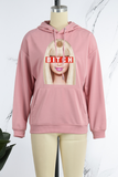 Chicdear Pink Sweet Sportswear Print Draw String Hooded Collar Tops