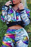 Chicdear Multi-color Turndown Collar Sequin Long Sleeve Blazer & Suits &Jacket
