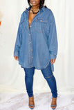 Chicdear Medium Blue Fashion Casual Solid Patchwork Turndown Collar Long Sleeve Regular Denim Jacket