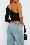 Chicdear Black Casual Solid Backless Asymmetrical Oblique Collar Tops