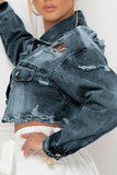 Chicdear Deep Blue Casual Street Solid Ripped Make Old Patchwork Buckle Turndown Collar Long Sleeve Straight Denim Jacket