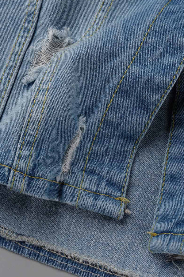 Chicdear Blue Casual Solid Ripped Patchwork Turndown Collar Long Sleeve Regular Denim Jacket