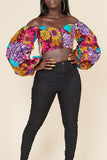 Chicdear Red Sweet Print Patchwork Zipper Off the Shoulder Tops